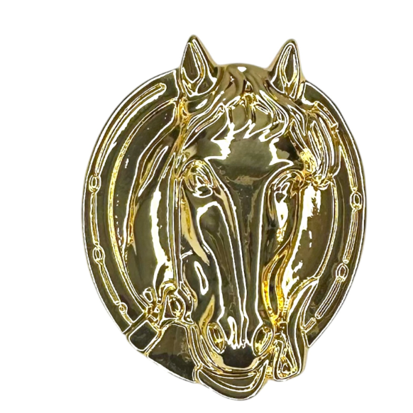 A shiny gold horse head emblem or badge with a polished metallic finish, isolated on a white background.