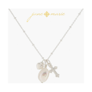Silver Heart Pearl Drop Cross Necklace