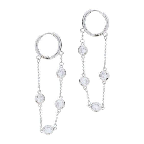 Silver Huggie with Crystal Station Draped Loop Chain Earrings