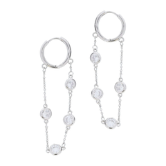 Silver Huggie with Crystal Station Draped Loop Chain Earrings