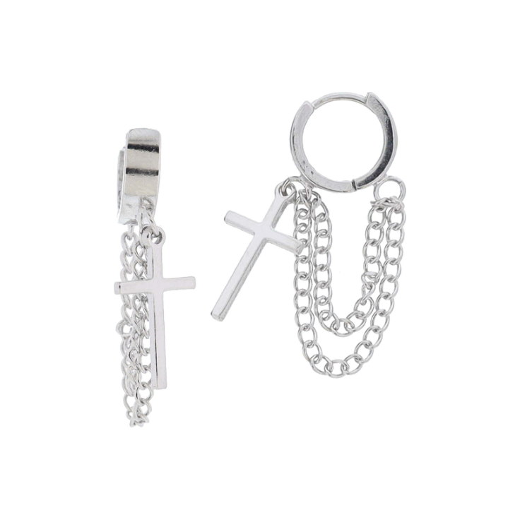 Silver Cross & Double Draped Chain Earrings