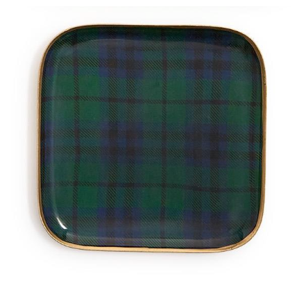 Square platter with green and blue plaid pattern on a white background