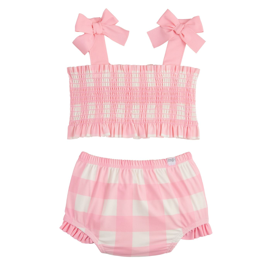 Smocked Pink Check Two Piece Swimsuit