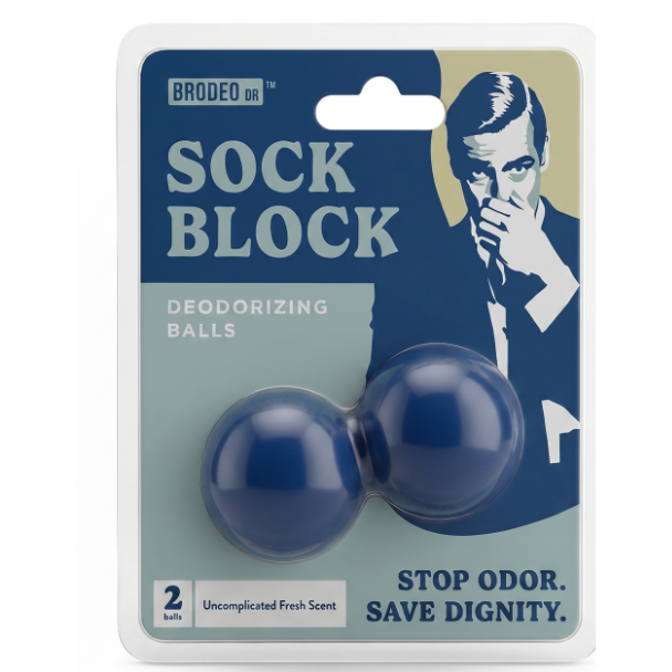 Brodeo Dr Sock Block Deodorizing Balls in a blister pack with a humorous graphic of a man covering his face, on a white background.