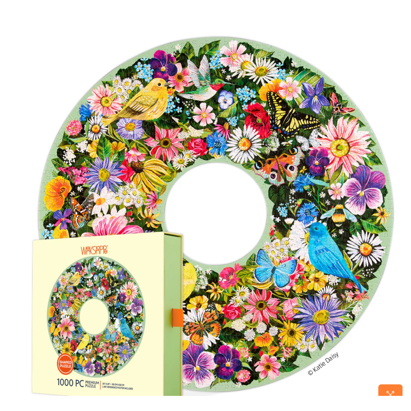 Circular puzzle with colorful flowers and birds, featuring a box on a white background