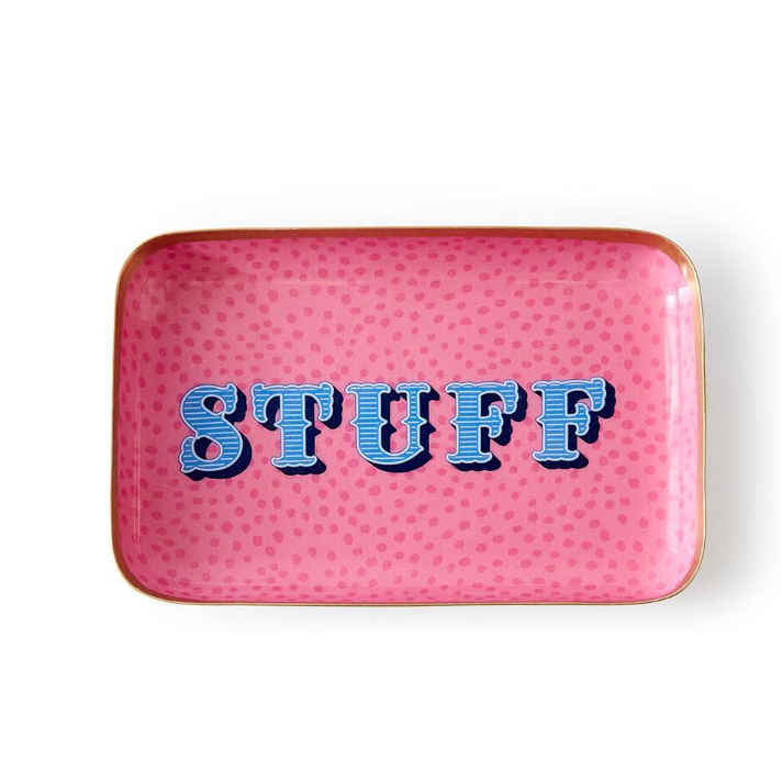 Pink tray with blue text spelling 'STUFF' on a white background