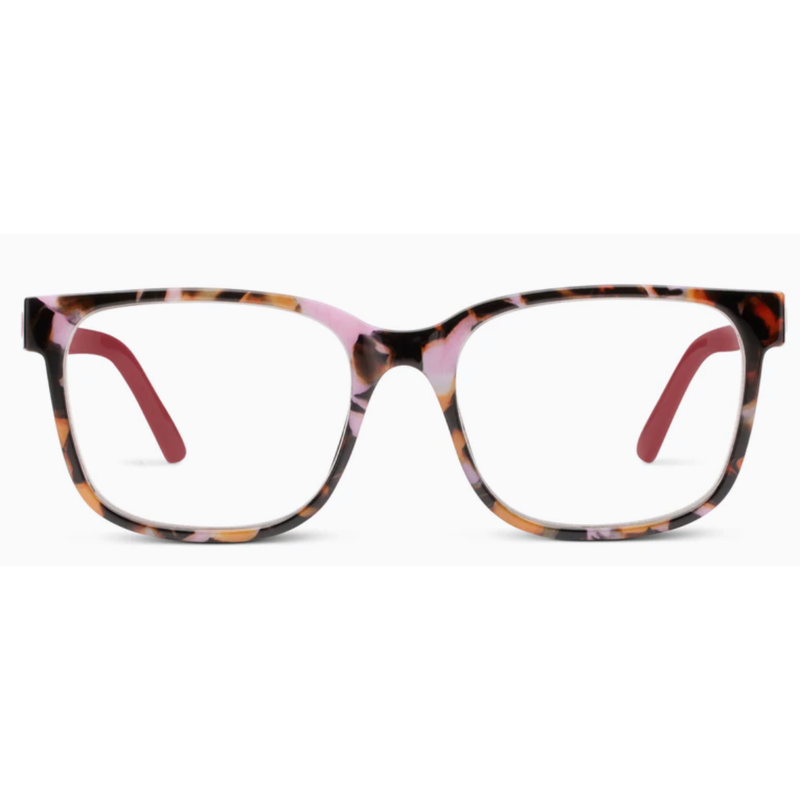 Multicolored eyeglass frames on a white background