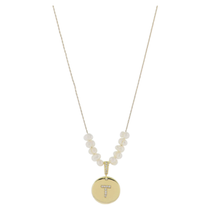 Freshwater Pearl and Crystal Loop with "T" Initial Gold Necklace 