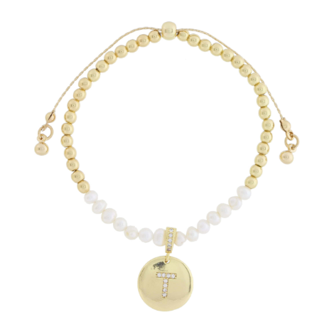 Freshwater Pearl and Crystal Loop with Pave Crystal "T" Disc Bracelet 