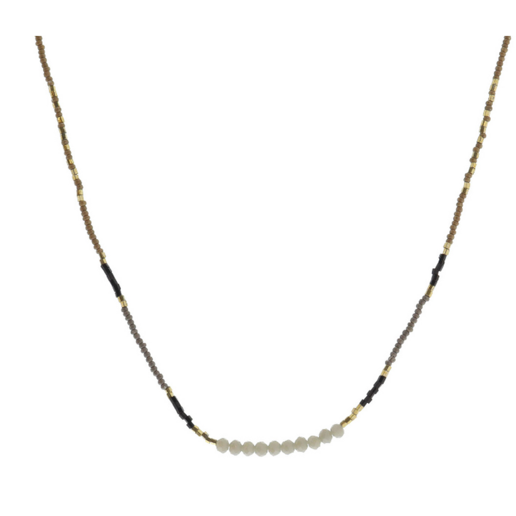 Taupe, Gold, Grey, Black Beaded with Grey Faceted Beaded Portion Necklace