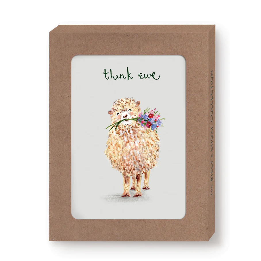 Card with a sheep illustration and 'thank ewe' text, framed in a brown box.