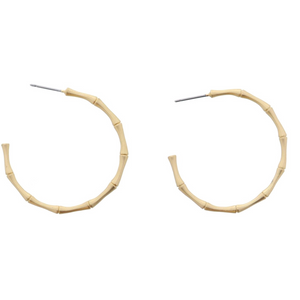 Thin Gold Bamboo Hoop Earrings, 1.5" Top to Bottom Pendant