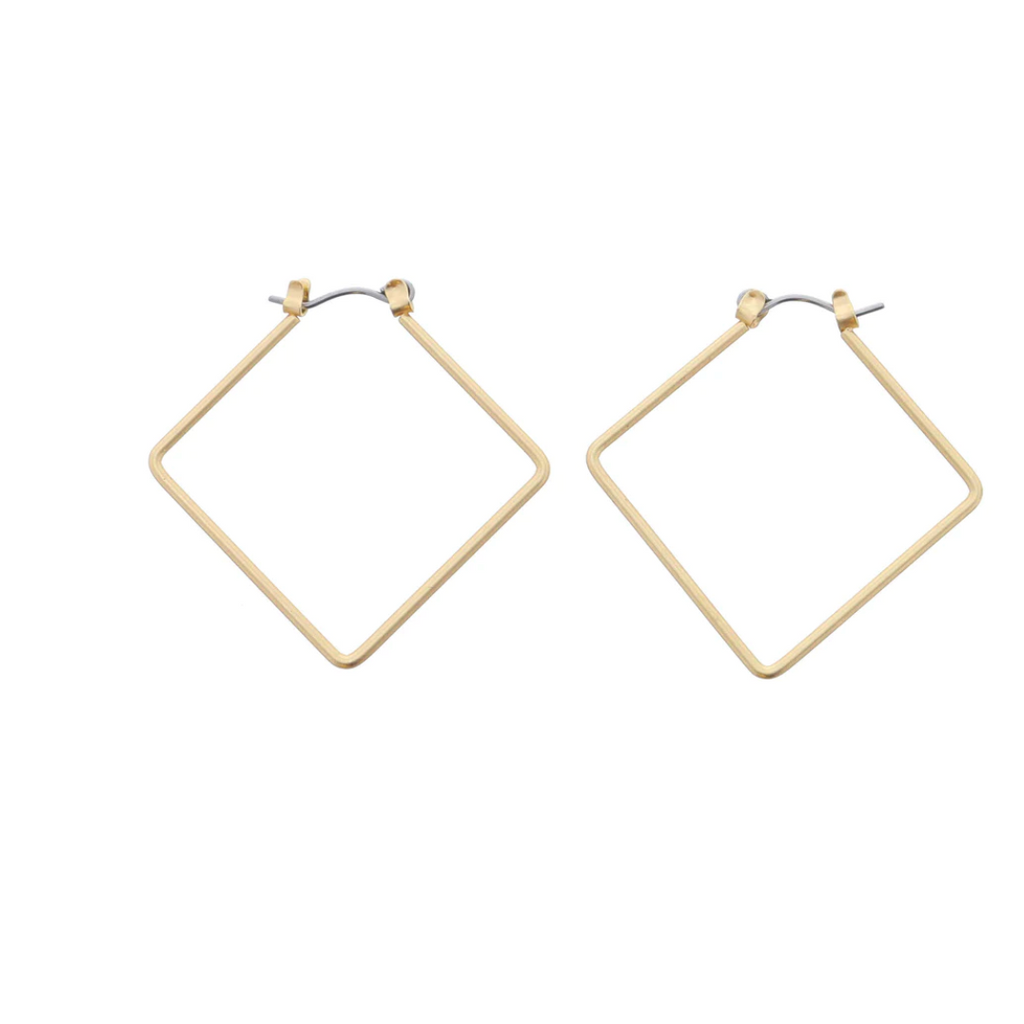 Thin Gold Diamond Hoop Earrings 1.5" Top to Bottom Pendant