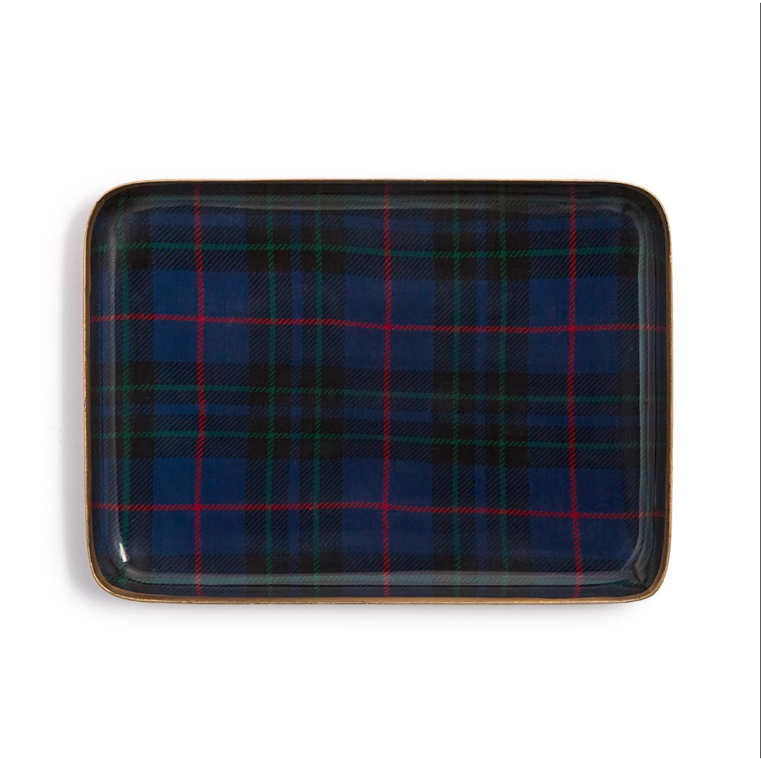 


Rectangular plaid tray with blue, red, and green pattern on a white background