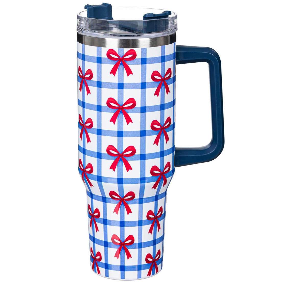 Travel mug with blue plaid pattern and red bows on a white background