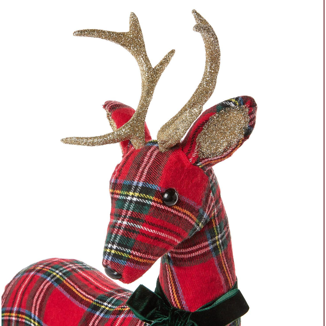 Red plaid reindeer head with gold glittery antlers on a white background