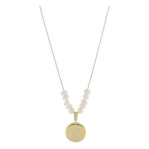 Freshwater Pearl and Crystal Loop with "V" Initial Gold Necklace 