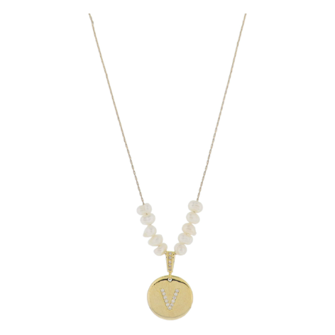 Freshwater Pearl and Crystal Loop with "V" Initial Gold Necklace 