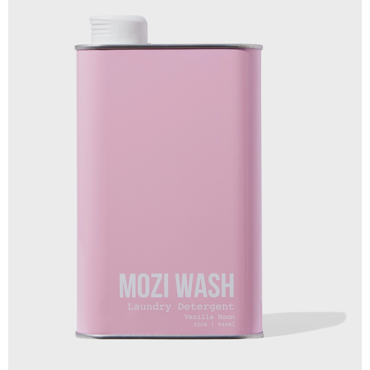 Pink laundry detergent container with 'MOZI WASH' branding on a light gray background