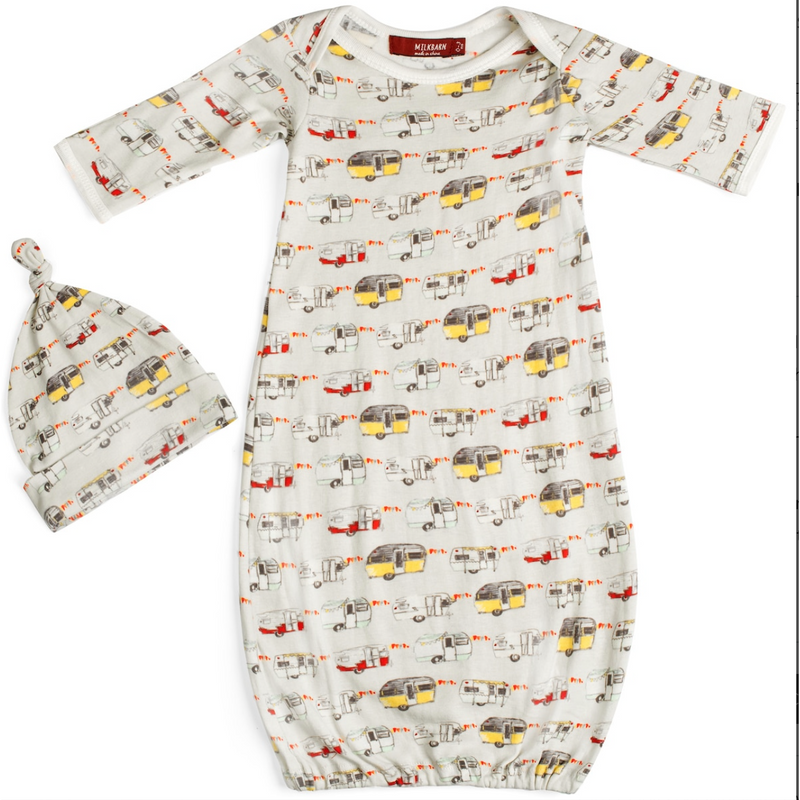 Vintage Trailers Organic Cotton Newborn Gown & Hat Set