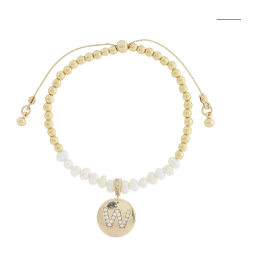 Freshwater Pearl and Crystal Loop with Pave Crystal "W" Disc Bracelet 