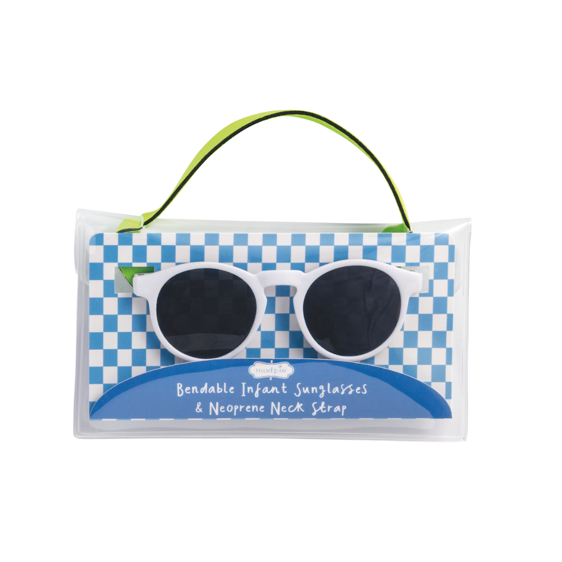 Bendable infant sunglasses with a blue and white checkered bag on a white background