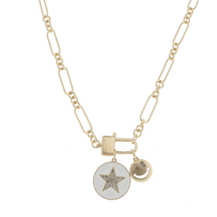 White Disc with Star with Gold Smily Face Pendant Necklace