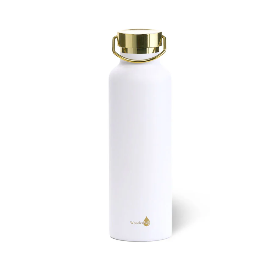White water bottle with gold cap and logo on a white background