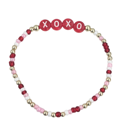 Beaded bracelet with 'XOXO' beads on a white background