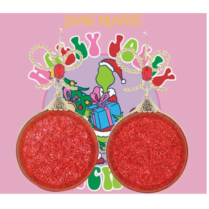 Red, Gold Glitter Resin Christmas Ornament with Bow Earrings