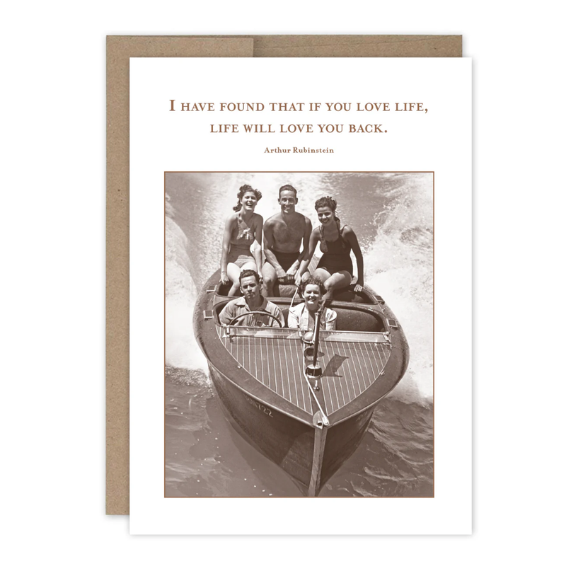 Vintage-style card with a photo of people on a boat and a quote by Arthur Rimbaud.