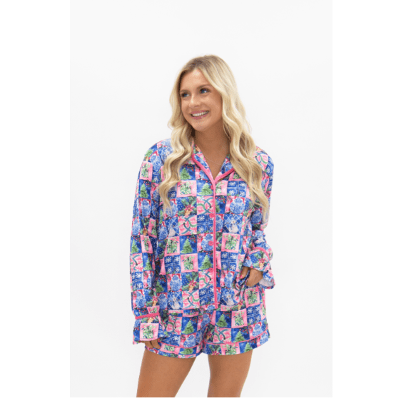 Adult Preppy Winter Pajama Set - White Farmhouse Flowers