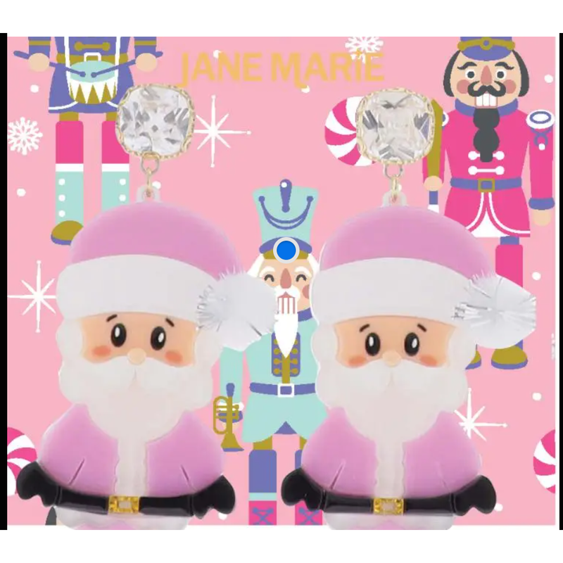 Two Santa Claus figurines with pink outfits on a festive background with Nutcracker characters.