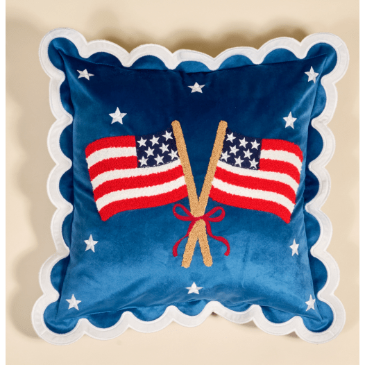 American Flags Scalloped Square Throw Pillow - White Farmhouse Flowers