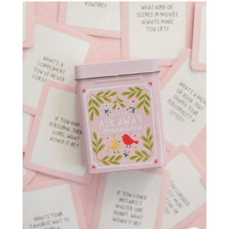 Ask Away Conversation Game - Deck of Cards + Storage Tin - White Farmhouse Flowers