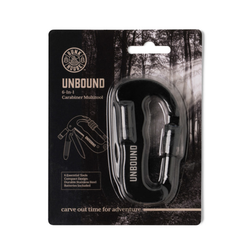 Unbound 6-in-1 carabiner multitool packaging with black and white design