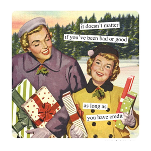 Two women holding Christmas presents with text overlay in a vintage style.
