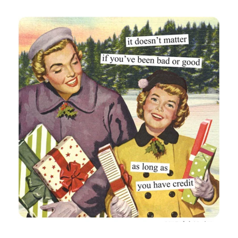 Two women holding Christmas presents with text overlay in a vintage style.