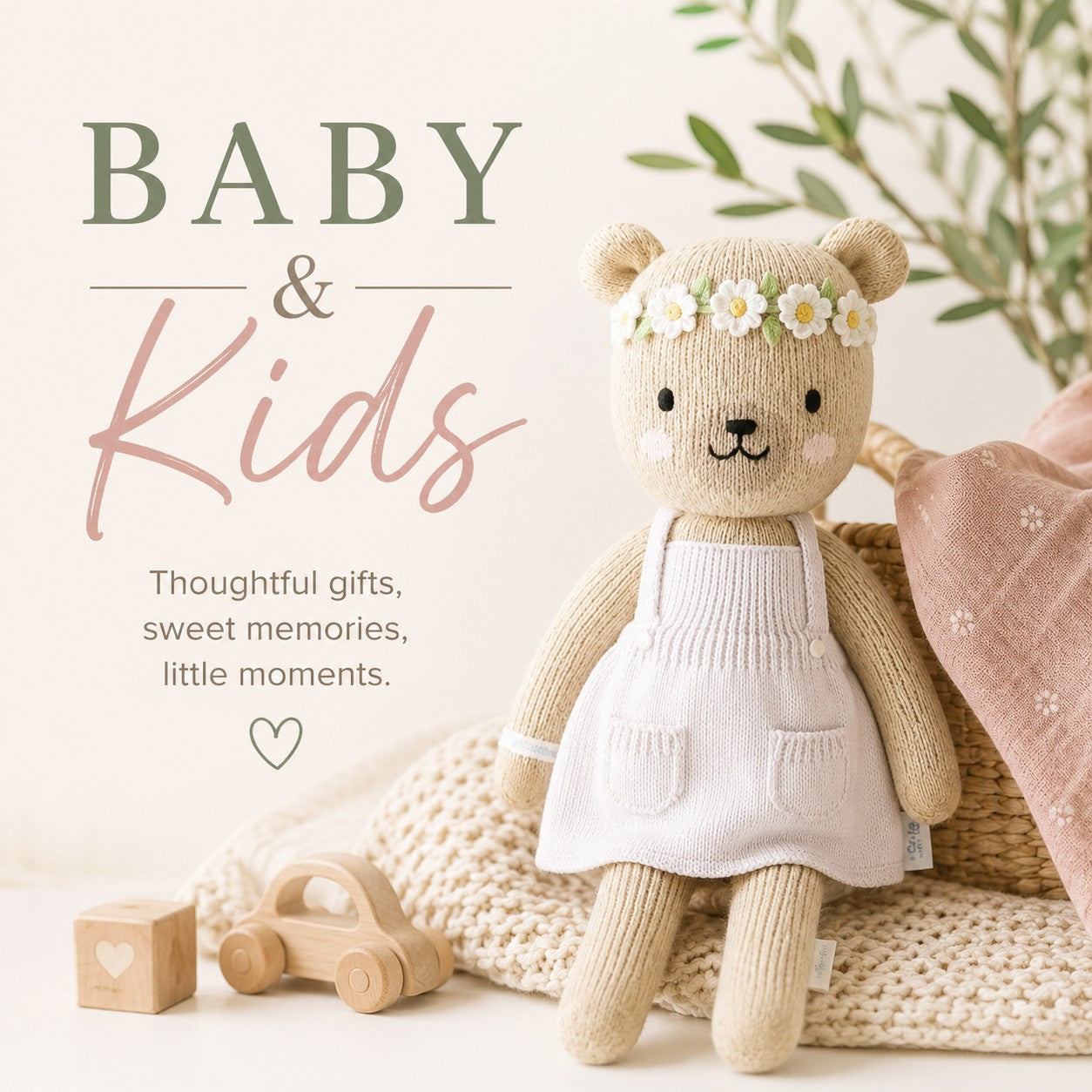 A knitted teddy bear doll wearing a white pinafore-style dress sits on a cream crocheted cushion beside a pink pillow, with wooden toy blocks and a small wooden car. Large text on the left reads “BABY & Kids” with smaller gift-themed copy.