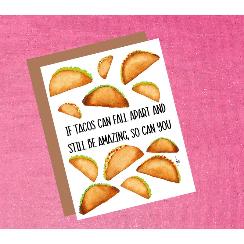 Greeting card with taco illustrations and humorous text on a pink background
