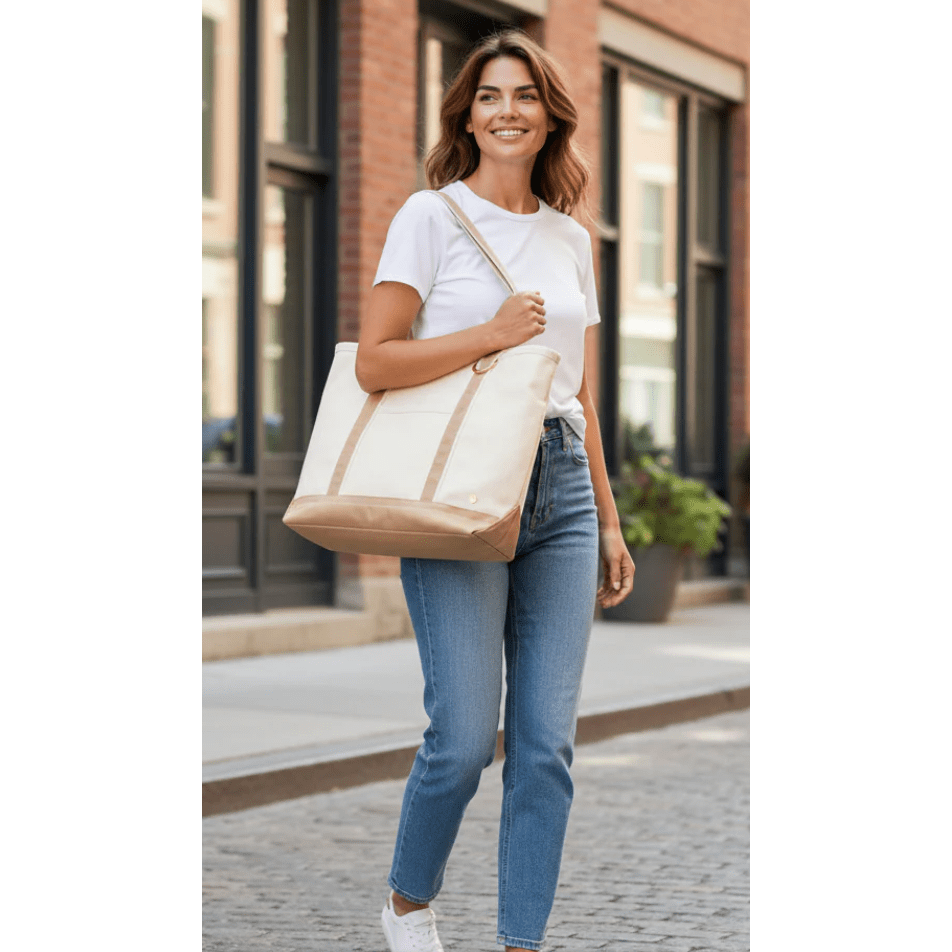 Beige Signature Tote Bag - White Farmhouse Flowers