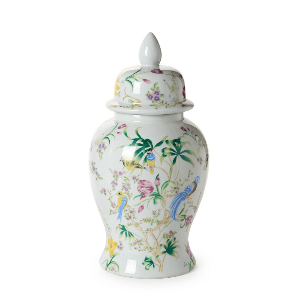 Bird and Blossom Chinoiserie Covered Temple Jar - 14" - White Farmhouse Flowers