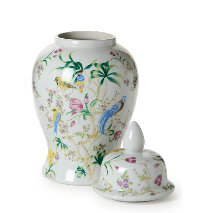 Bird and Blossom Chinoiserie Covered Temple Jar - 14" - White Farmhouse Flowers