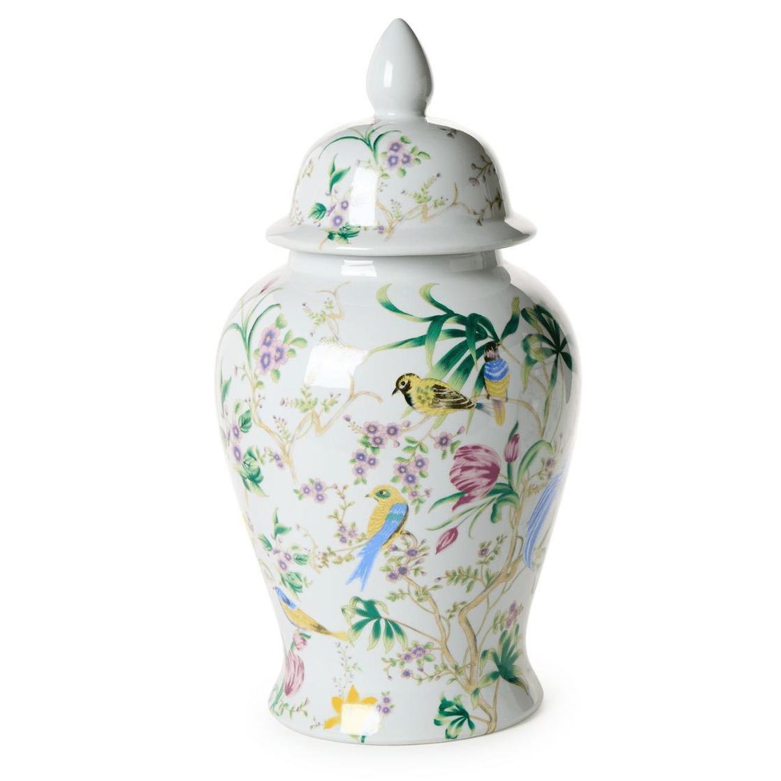 Bird and Blossom Chinoiserie Covered Temple Jar - 18" - White Farmhouse Flowers