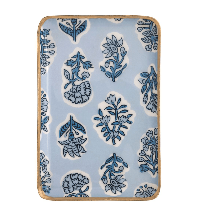 Block Print Blue Trinket Tray - White Farmhouse Flowers