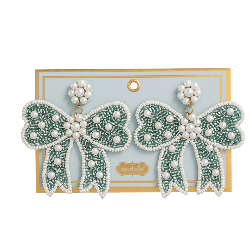 Blue Bow Beaded Earrings - White Farmhouse Flowers