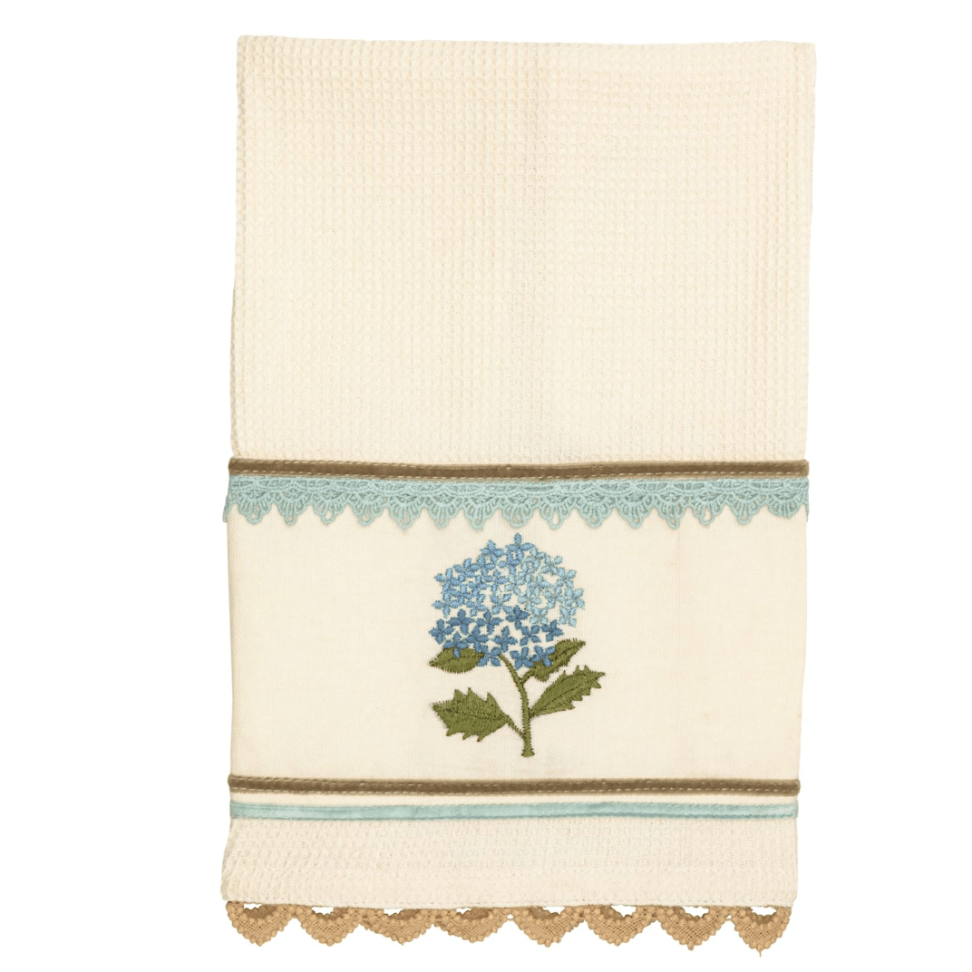 Blue Floral Embroidered Waffle Towel - White Farmhouse Flowers