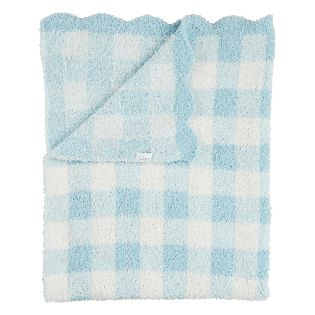 Blue Gingham Chenille Blanket - White Farmhouse Flowers