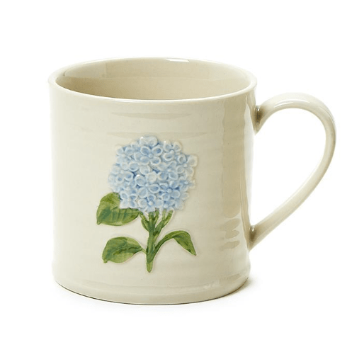 Blue Hydrangea Mug with Embossed Hand - Painted Flower - White Farmhouse Flowers