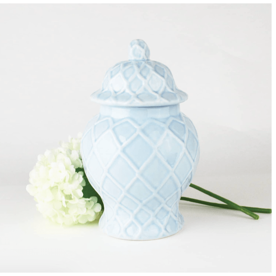 Blue Small Textured Ginger Jar - White Farmhouse Flowers